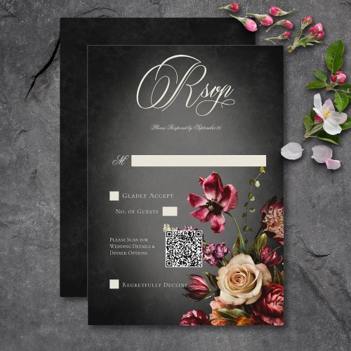 Dark Elegant Blur Autumn Floral Wedding QR Code RSVP Card