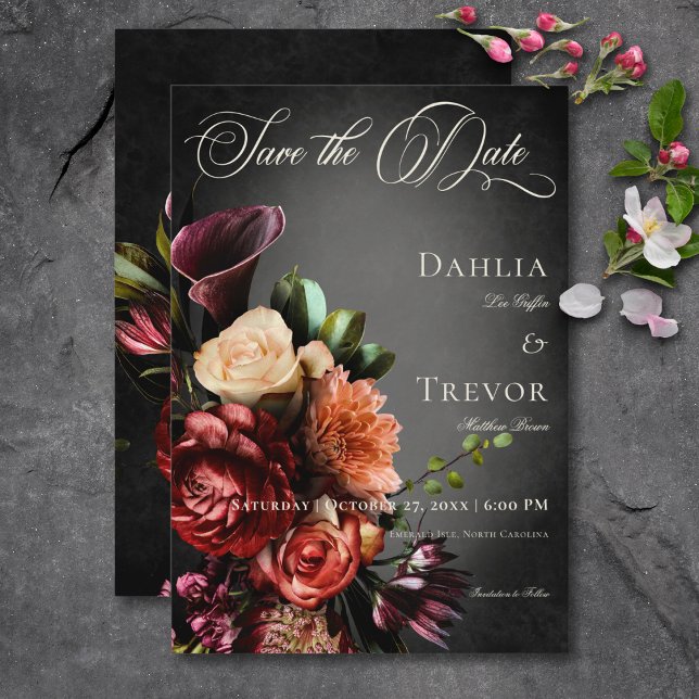 Dark Elegant Blur Autumn Floral Wedding Save The Date (Dark Elegant Blur Autumn Floral Wedding Save The Date Card)