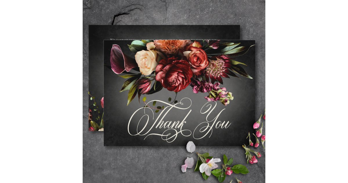 Dark Elegant Blur Autumn Floral Wedding Thank You Card | Zazzle