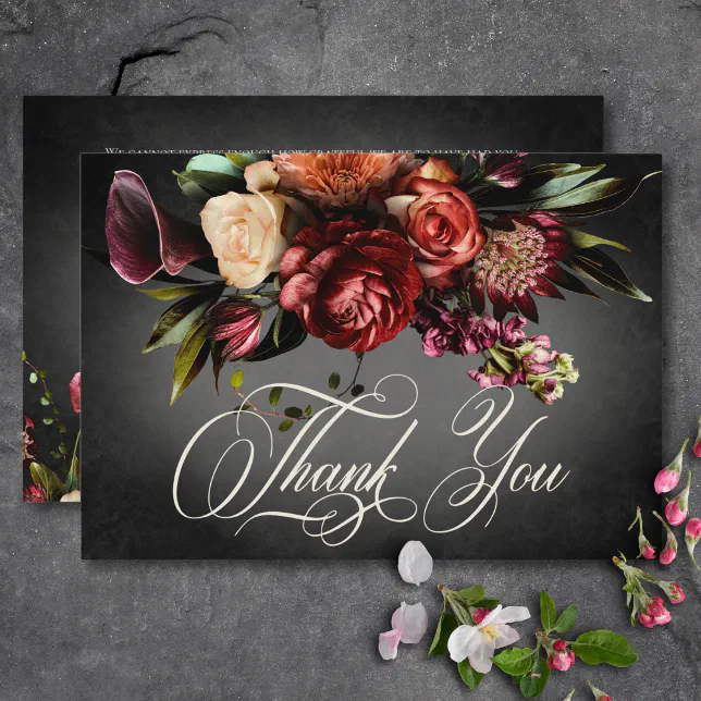 Dark Elegant Blur Autumn Floral Wedding Thank You Card | Zazzle