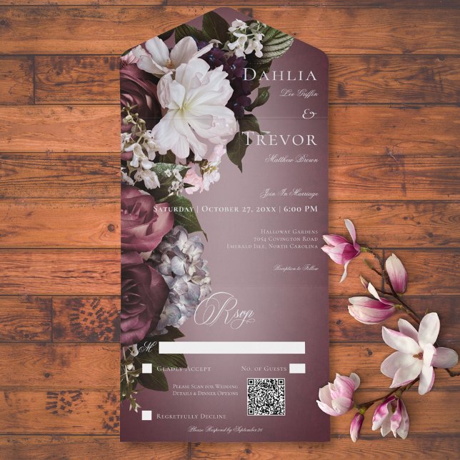 Dark Elegant Burgundy & Cream Blur Floral QR Code All In One Invitation (Dark Elegant Burgundy & Cream Blur Floral QR Code All In One Invitation)