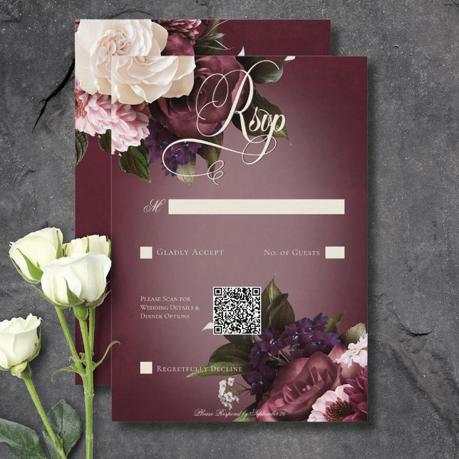 Dark Elegant Burgundy & Cream Blur Floral QR Code RSVP Card (Dark Elegant Burgundy & Cream Blur Floral QR Code RSVP Card)