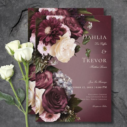 Dark Elegant Burgundy  Cream Blur Floral Wedding Invitation