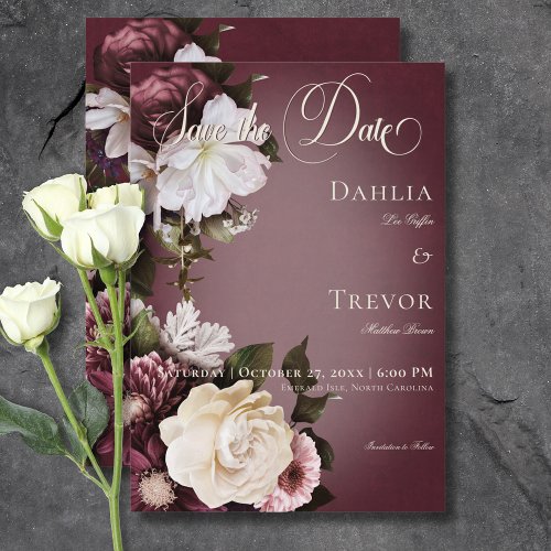 Dark Elegant Burgundy  Cream Blur Floral Wedding Save The Date