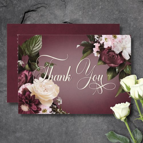 Dark Elegant Burgundy  Cream Blur Floral Wedding Thank You Card