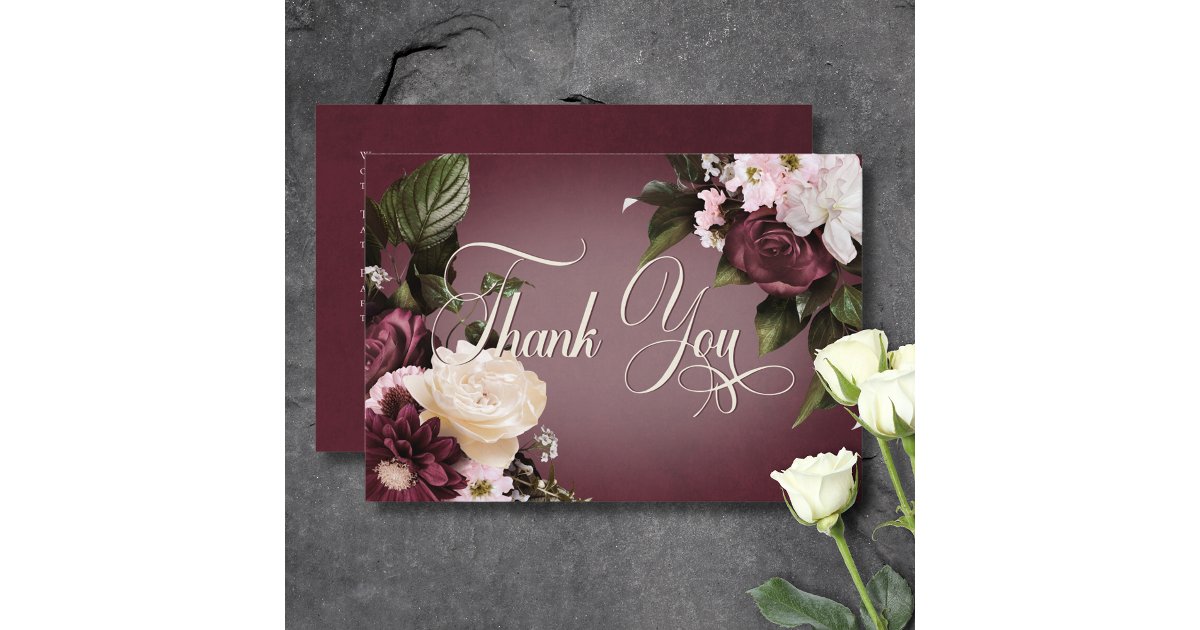 Dark Elegant Burgundy & Cream Blur Floral Wedding Thank You Card | Zazzle