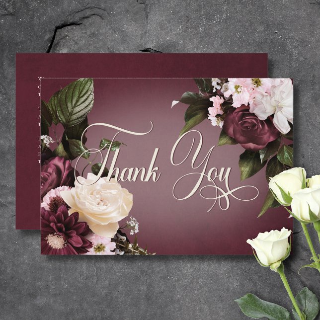 Dark Elegant Burgundy & Cream Blur Floral Wedding Thank You Card (Dark Elegant Burgundy & Cream Blur Floral Wedding Thank You Card)
