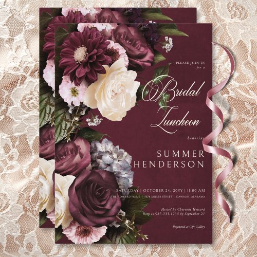 Dark Elegant Burgundy  Cream Floral Bridal Lunch Invitation