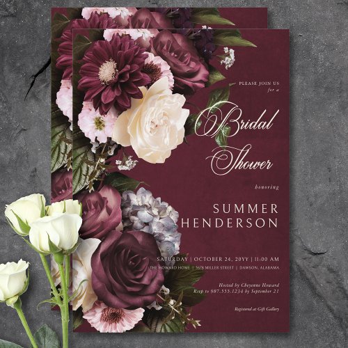 Dark Elegant Burgundy  Cream Floral Bridal Shower Invitation