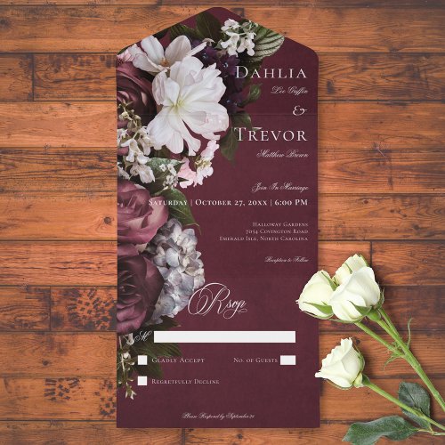 Dark Elegant Burgundy  Cream Floral No Dinner All In One Invitation