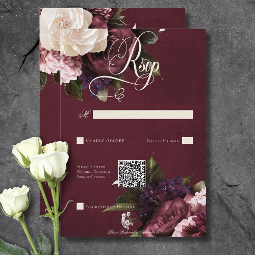 Dark Elegant Burgundy  Cream Floral QR Code RSVP Card