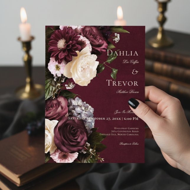 Dark Elegant Burgundy & Cream Floral Wedding Invitation (Creator Uploaded)