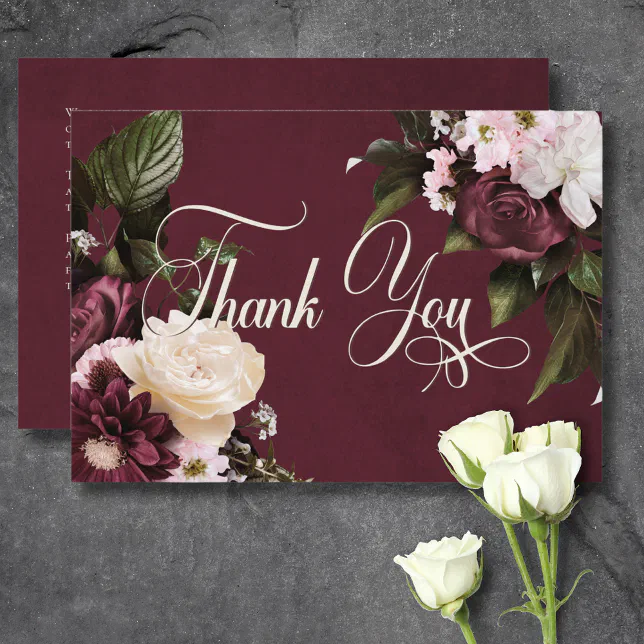 Dark Elegant Burgundy & Cream Floral Wedding Thank You Card | Zazzle
