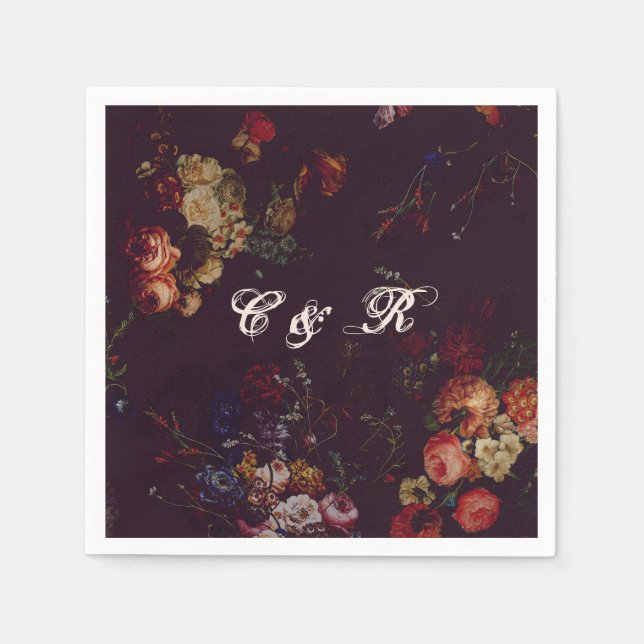 Dark Elegant Burgundy Moody Floral Name Intitials  Napkins (Front)