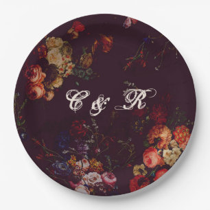 Dark Elegant Burgundy Moody Floral Name Intitials Paper Plates