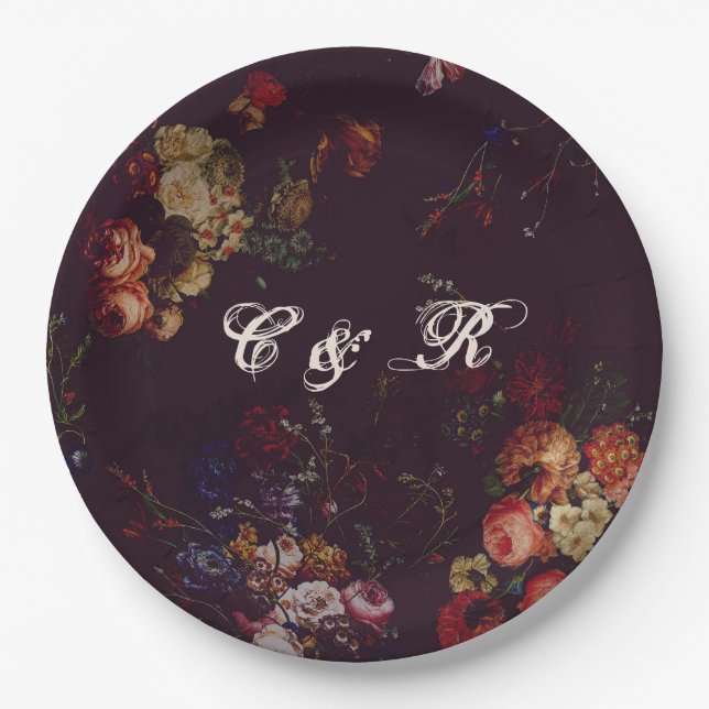 Dark Elegant Burgundy Moody Floral Name Intitials  Paper Plates (Front)