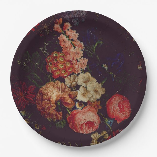 Dark Elegant Burgundy Moody Floral Paper Plates (Front)