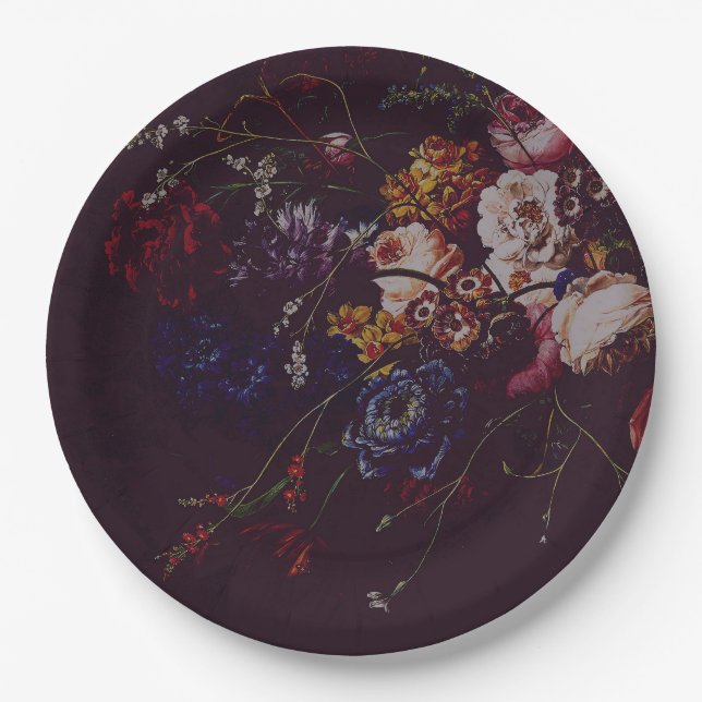 Dark Elegant Burgundy Moody Floral Paper Plates (Front)