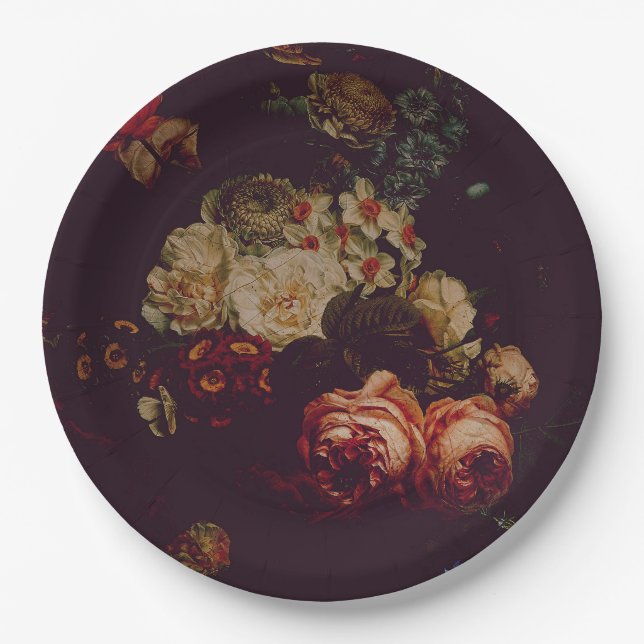 Dark Elegant Burgundy Moody Floral Paper Plates (Front)