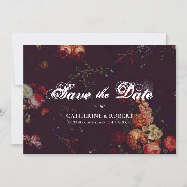 Dark Elegant Burgundy Moody Floral Photo Save The Date (Front)