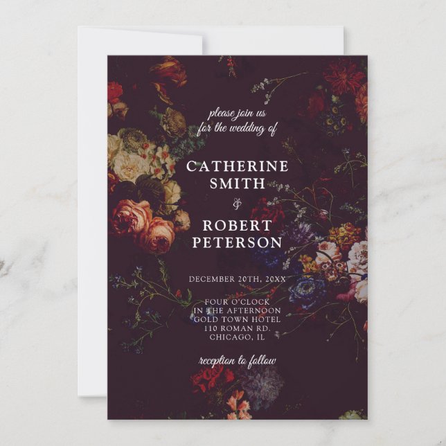 Dark Elegant Burgundy Moody Floral Wedding Invitation (Front)