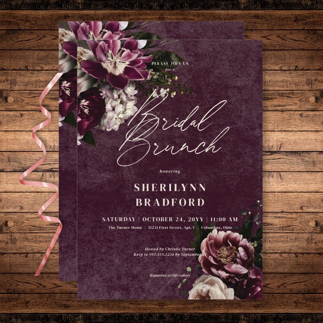 Dark Elegant Burgundy & White Floral Bridal Brunch Invitation (Dark Elegant Burgundy & White Floral Bridal Brunch Invitation)