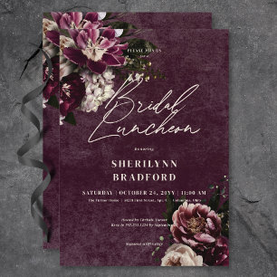 Dark Elegant Burgundy & White Floral Bridal Brunch Invitation