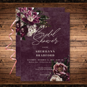 Dark Elegant Burgundy & White Floral Bridal Shower Invitation