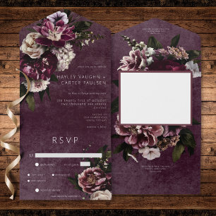Dark Elegant Burgundy & White Floral Dinner All In One Invitation
