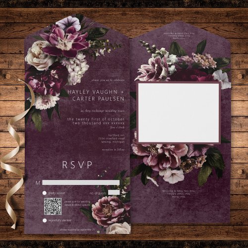 Dark Elegant Burgundy  White Floral QR Code All In One Invitation