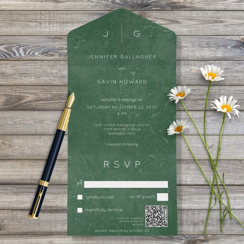 Dark Elegant Emerald Green Minimal Modern QR All In One Invitation