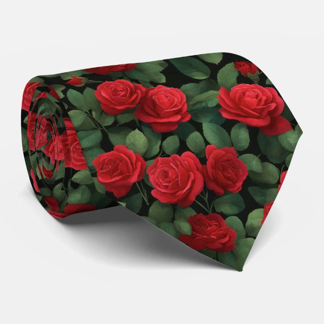 Dark Elegant Red Rose Pattern Neck Tie (Rolled)