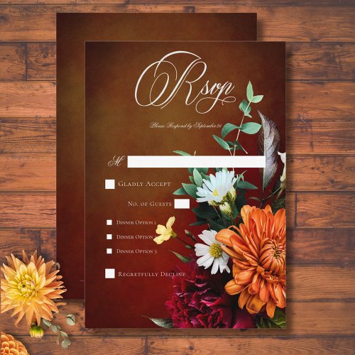 Dark Elegant Summer Sunset Floral Wedding Dinner RSVP Card