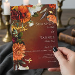 Dark Elegant Summer Sunset Floral Wedding Invitation<br><div class="desc">Celebrate the beginning of your forever with invitations as breathtaking as the sunset itself! Introducing our stunning sunset inspired wedding invitations, adorned with a vibrant spray of realistic flowers in hues of orange, yellow, red, and pink, perfectly mirroring the colors of a picturesque sunset. Each petal and leaf is meticulously...</div>