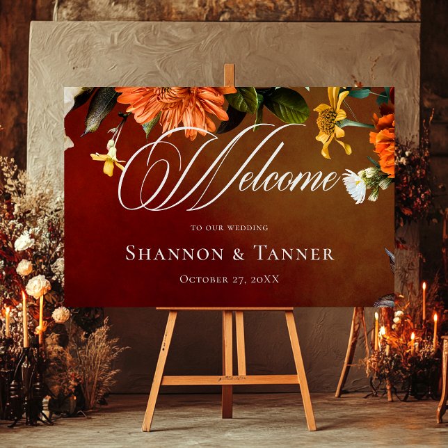 Dark Elegant Summer Sunset Floral Wedding Welcome Foam Board (Creator Uploaded)