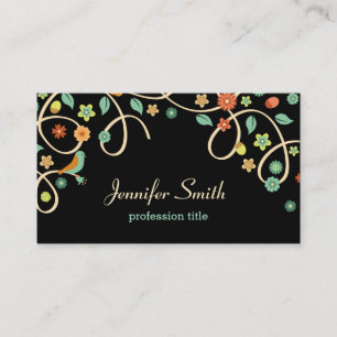Dark Elegant Swirl Floral Tree and Bird Business Card