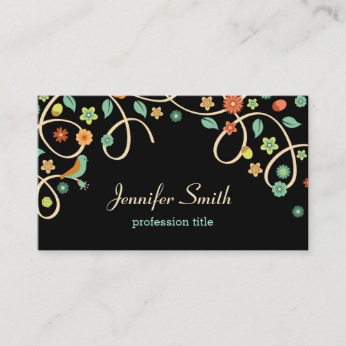 Dark Elegant Swirl Floral Tree and Bird Business Cards