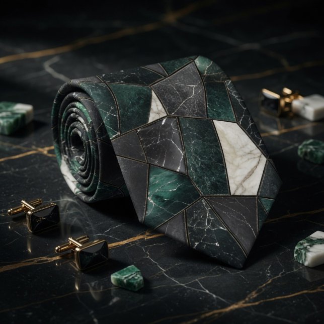 Dark Emerald and Charcoal Marble Geometric Mosaic Neck Tie (Creator Uploaded)