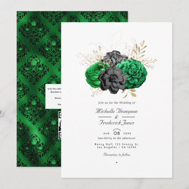 Dark Emerald and Gold Floral  QR Code RSVP Wedding Invitation (Front/Back)