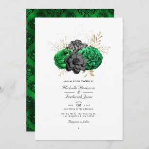Dark Emerald and Gold Floral QR Code RSVP Wedding Invitation