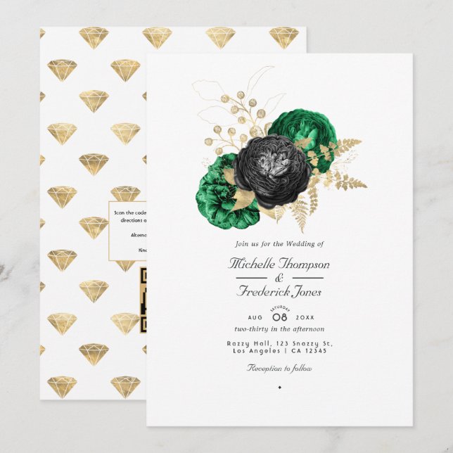 Dark Emerald and Gold Floral QR Code RSVP Wedding Invitation (Front/Back)