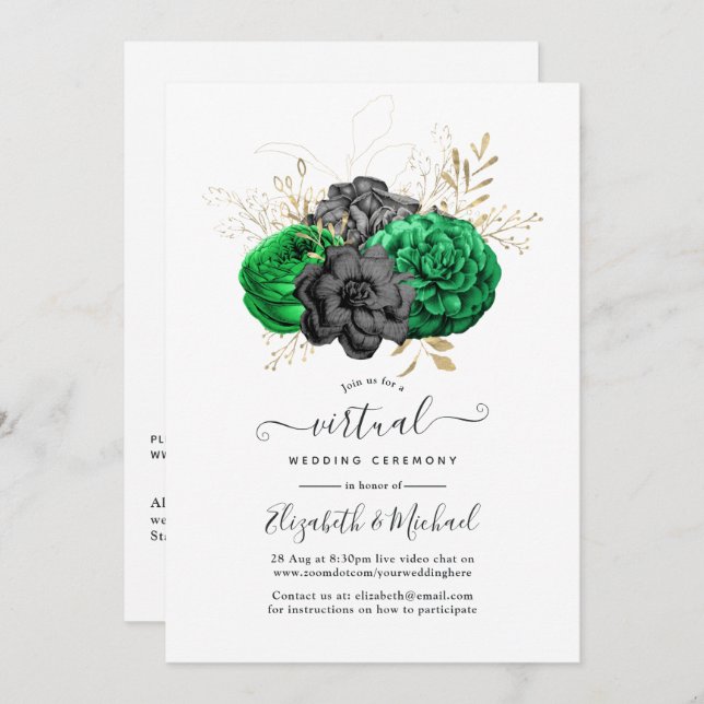 Dark Emerald and Gold Floral Virtual Wedding Invitation (Front/Back)