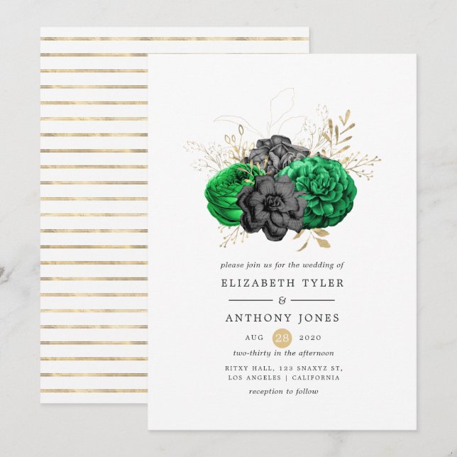 Dark Emerald and Gold Floral Wedding Invitation (Front/Back)