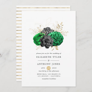 Dark Emerald and Gold Floral Wedding Invitation