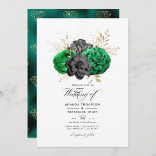Dark Emerald and Gold Floral Wedding Invitation