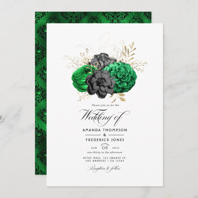 Dark Emerald and Gold Floral Wedding Invitation (Front/Back)