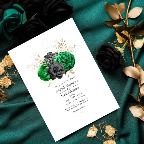 Dark Emerald and Gold Floral Wedding Invitation