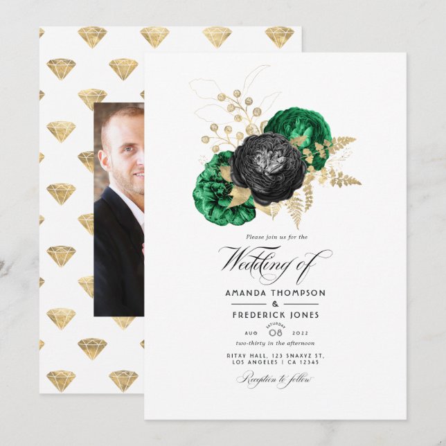 Dark Emerald and Gold Floral Wedding Invitation (Front/Back)