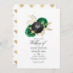 Dark Emerald and Gold Floral Wedding Invitation