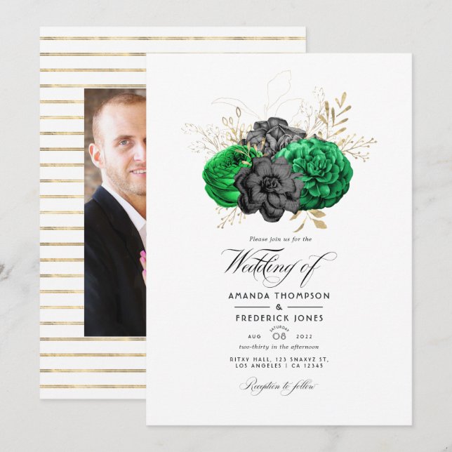 Dark Emerald and Gold Floral Wedding Photo Invitation (Front/Back)